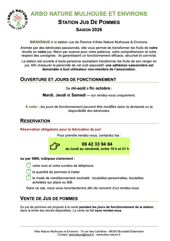 Informations de la station de jus de pommes — Saison 2026