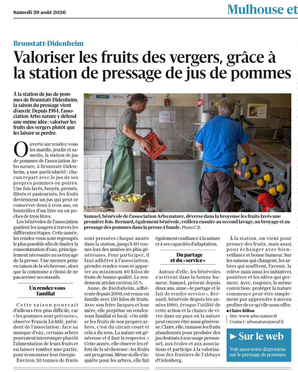 Article de presse du 29 août 2026 consacré à la station de jus de pommes