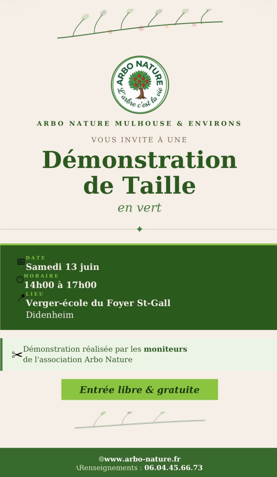 Affiche de la démonstration de taille en vert du 13 juin 2026
