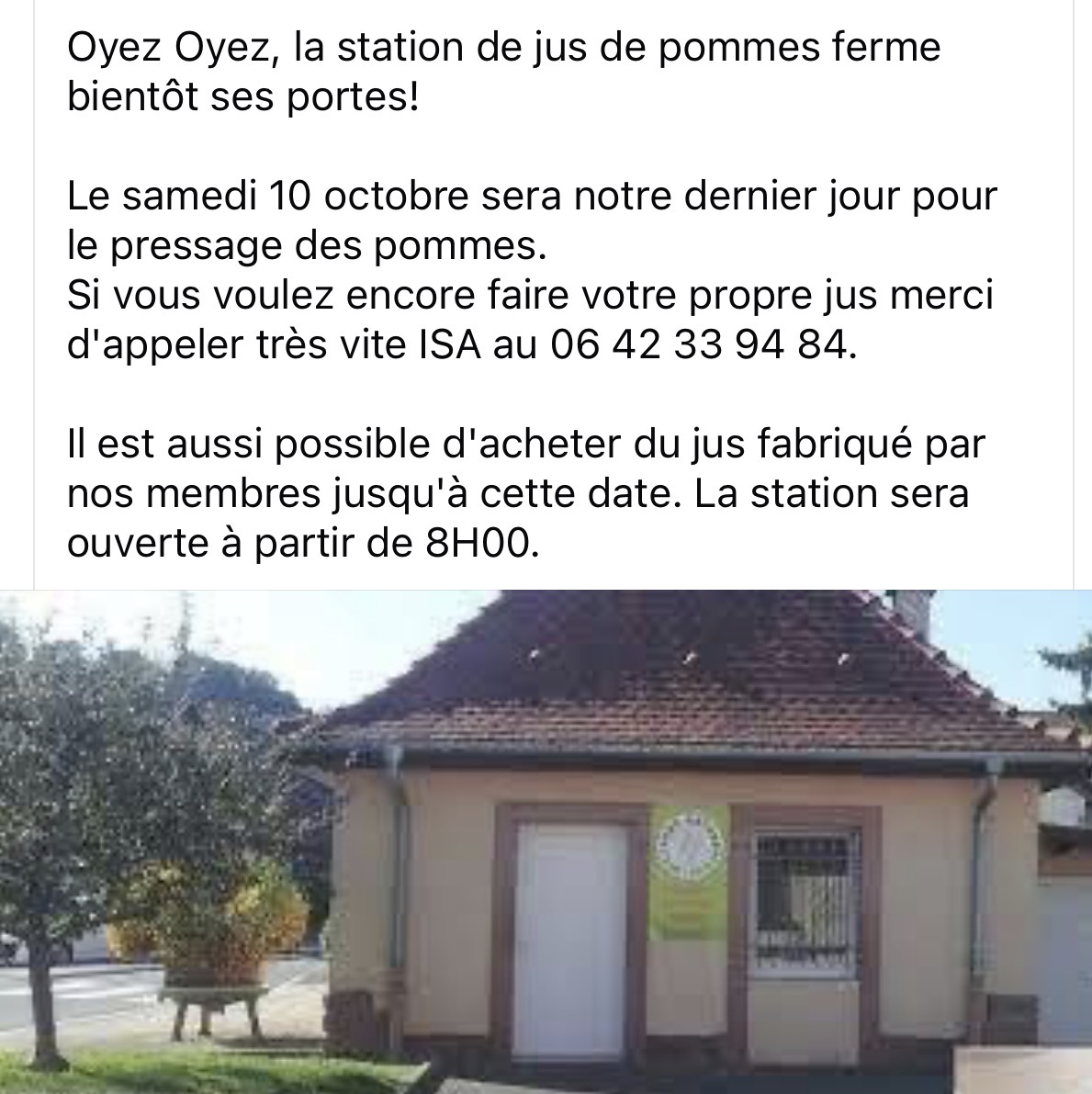 Annonce du dernier pressage le samedi 10 octobre, ouverture à 8 h, avec une photo de la station de jus de pommes