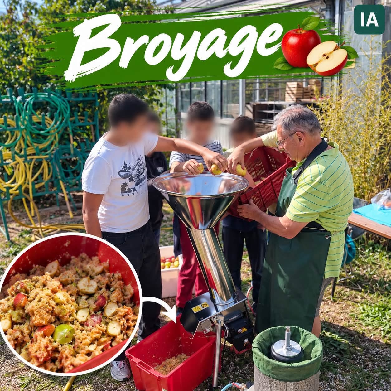 Broyage des pommes avec les élèves et récupération du broyat