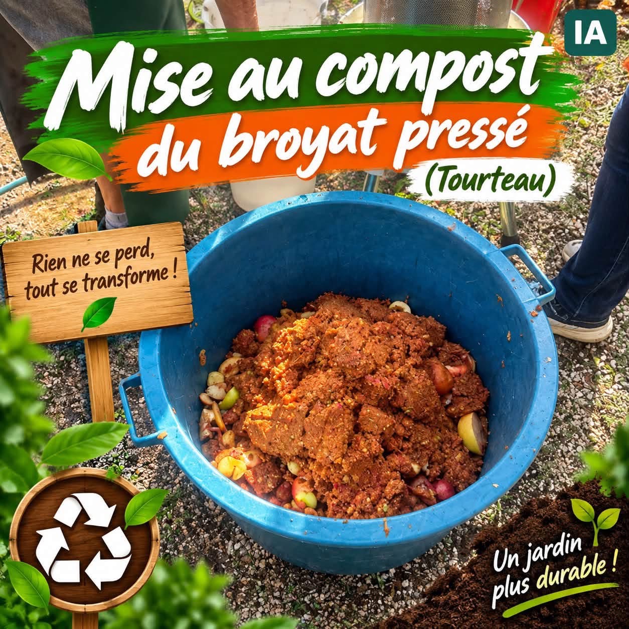 Le broyat pressé, appelé tourteau, est récupéré pour être mis au compost