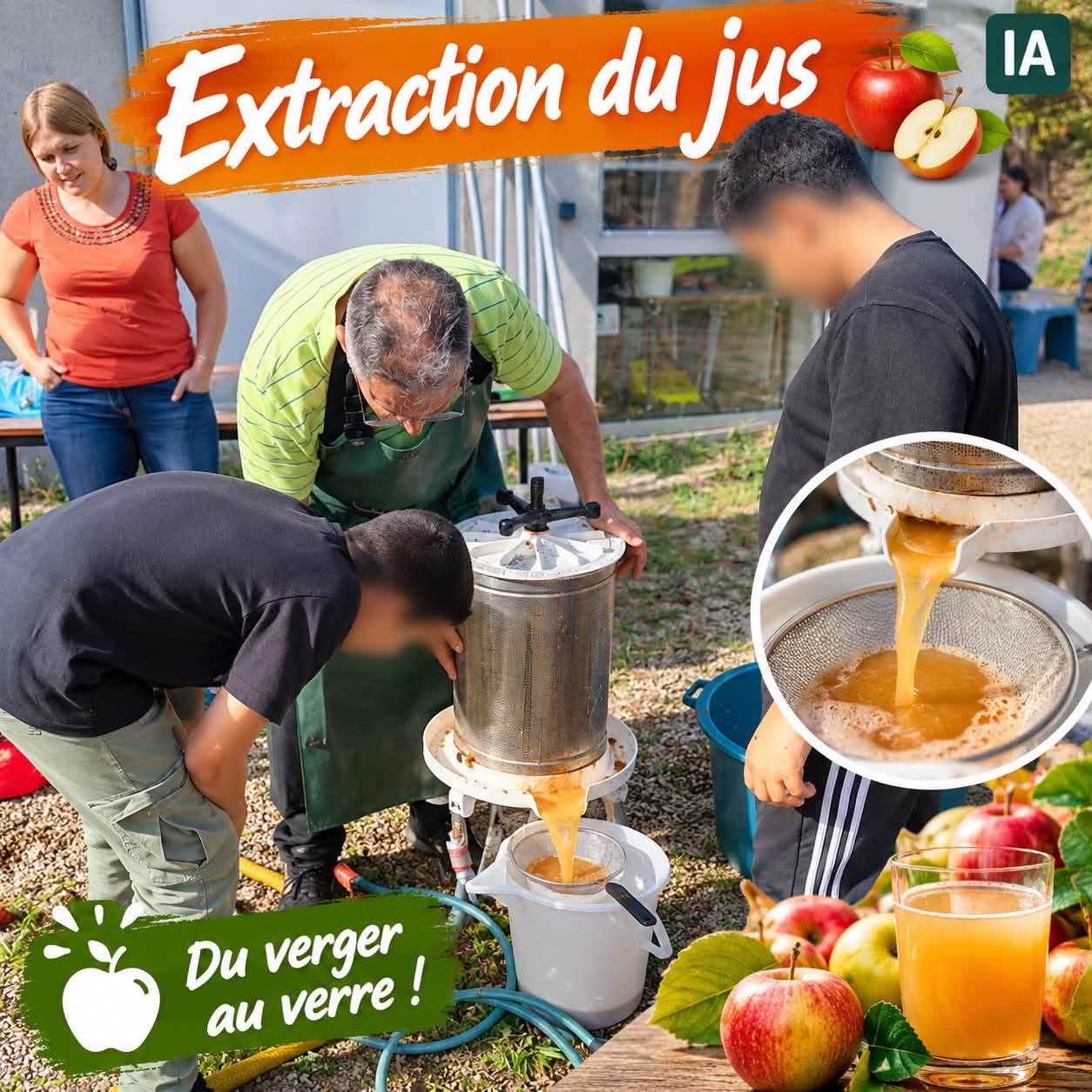 Extraction du jus de pomme et récupération à la sortie du pressoir