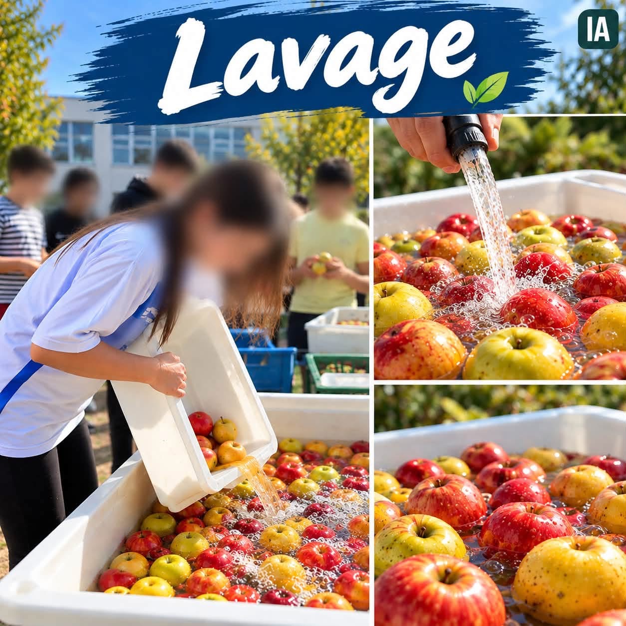 Lavage des pommes à l’eau dans de grands bacs avec les élèves