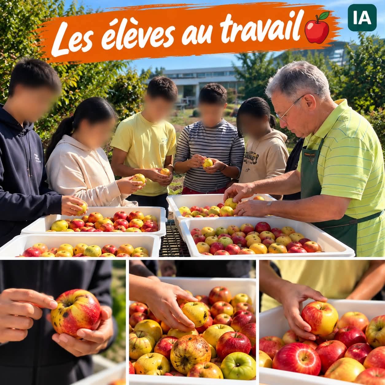 Les élèves au travail autour des bacs pour trier les pommes